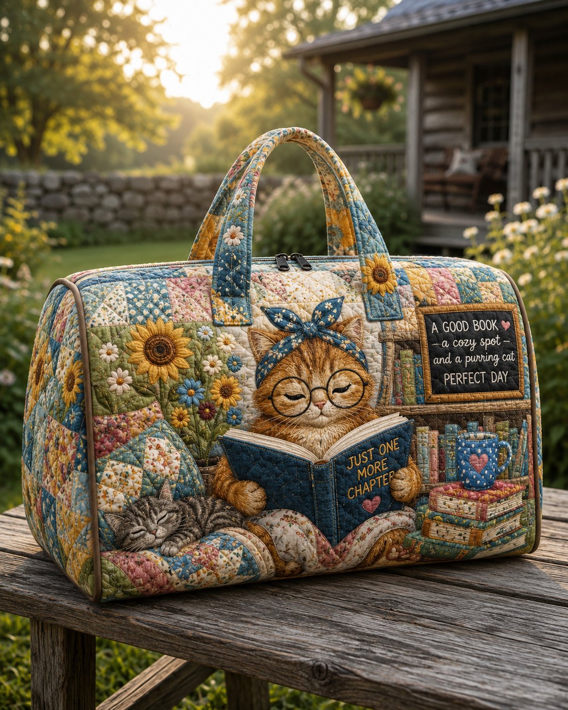 Book Lover Cat Quilted Weekend Bag, Cat Mom Gift, Travel Bag