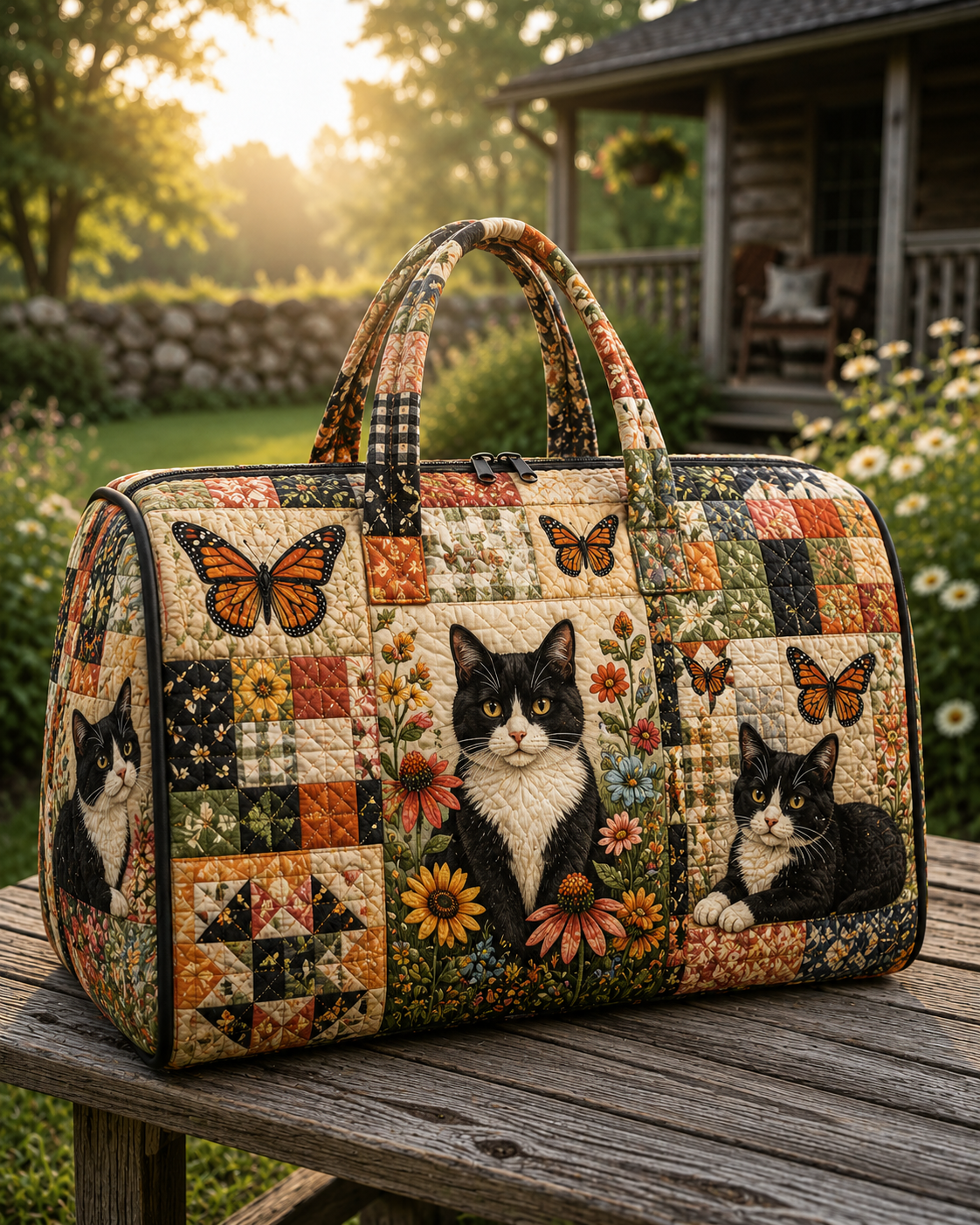 Tuxedo Cat Quilted Weekend Bag, Floral Patchwork Travel Duffle