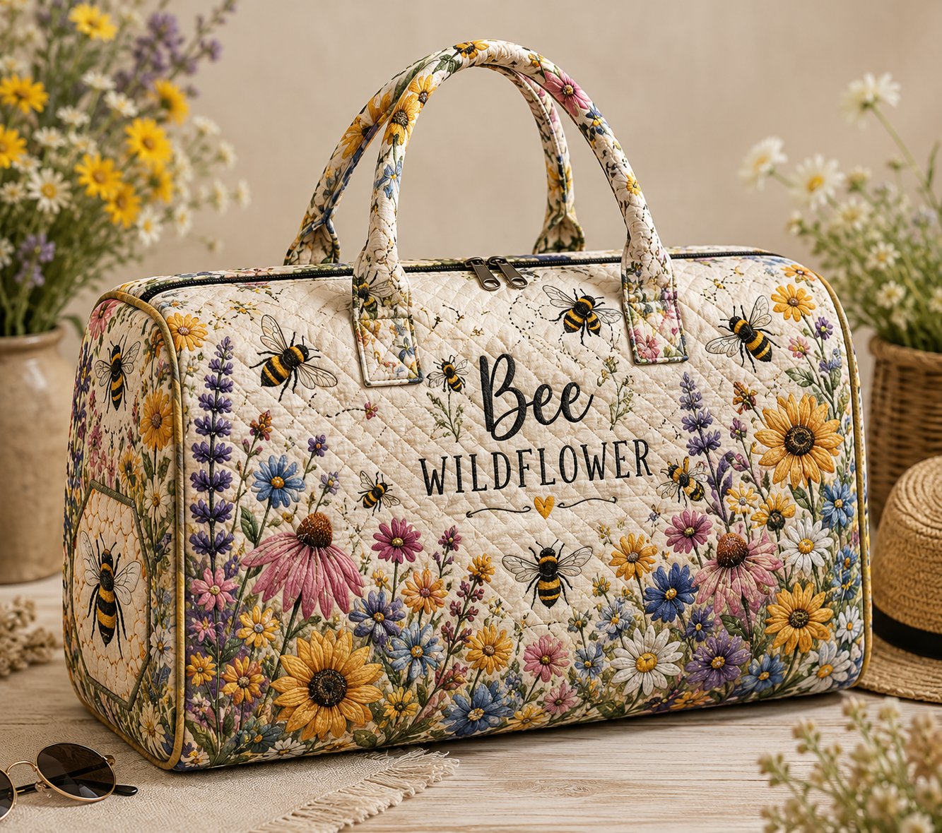 Bee Wildflower Quilted Weekend Bag, Cottagecore Travel Duffle