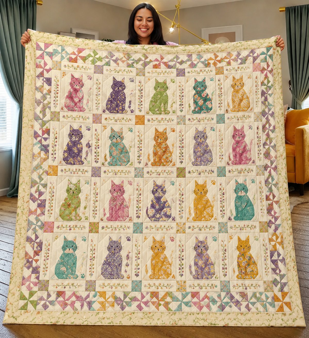 Cat Quilt Blanket, Floral Patchwork, Kitty Lover Gift, Cottagecore