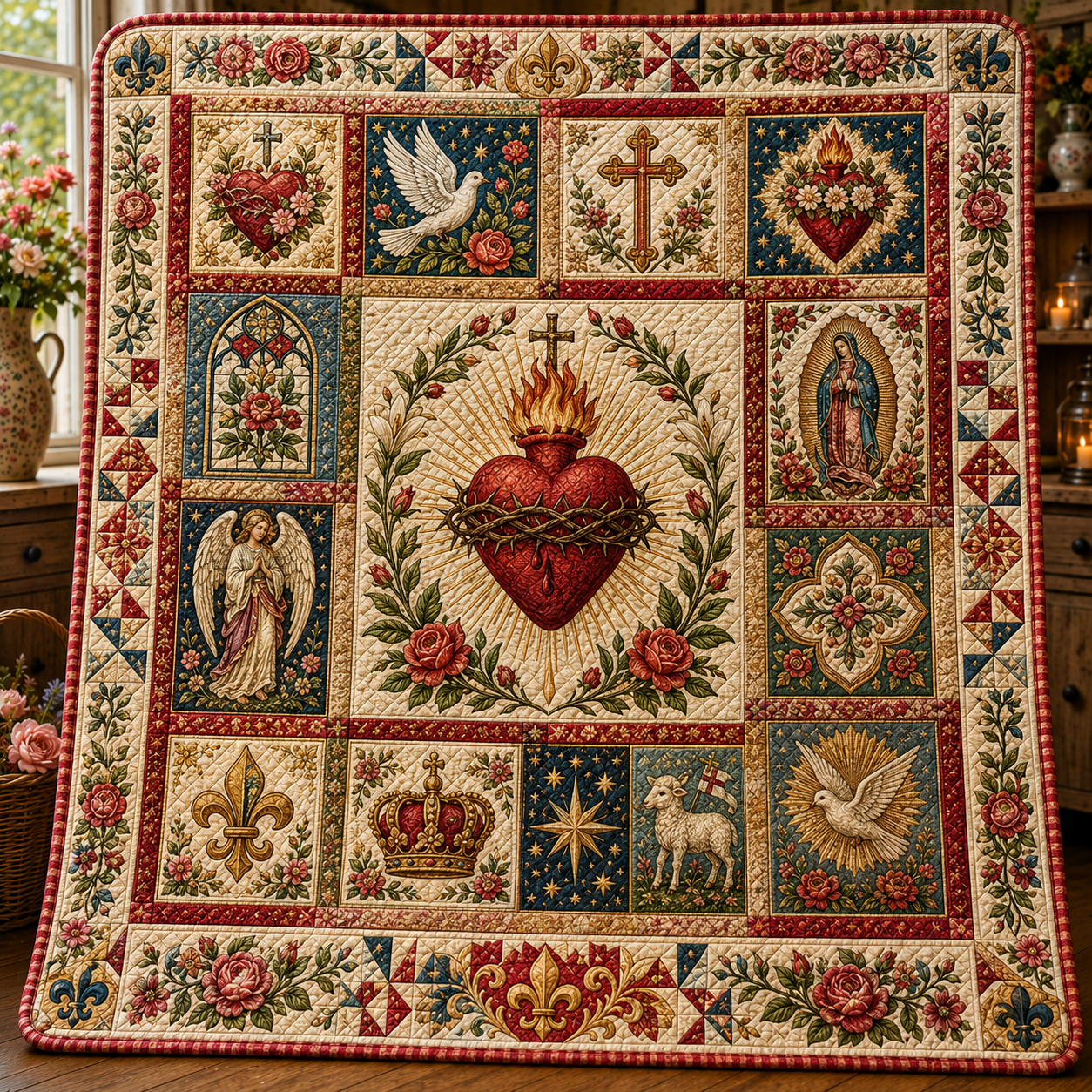 Sacred Heart Quilt Blanket, Catholic Floral Throw, Religious Gift