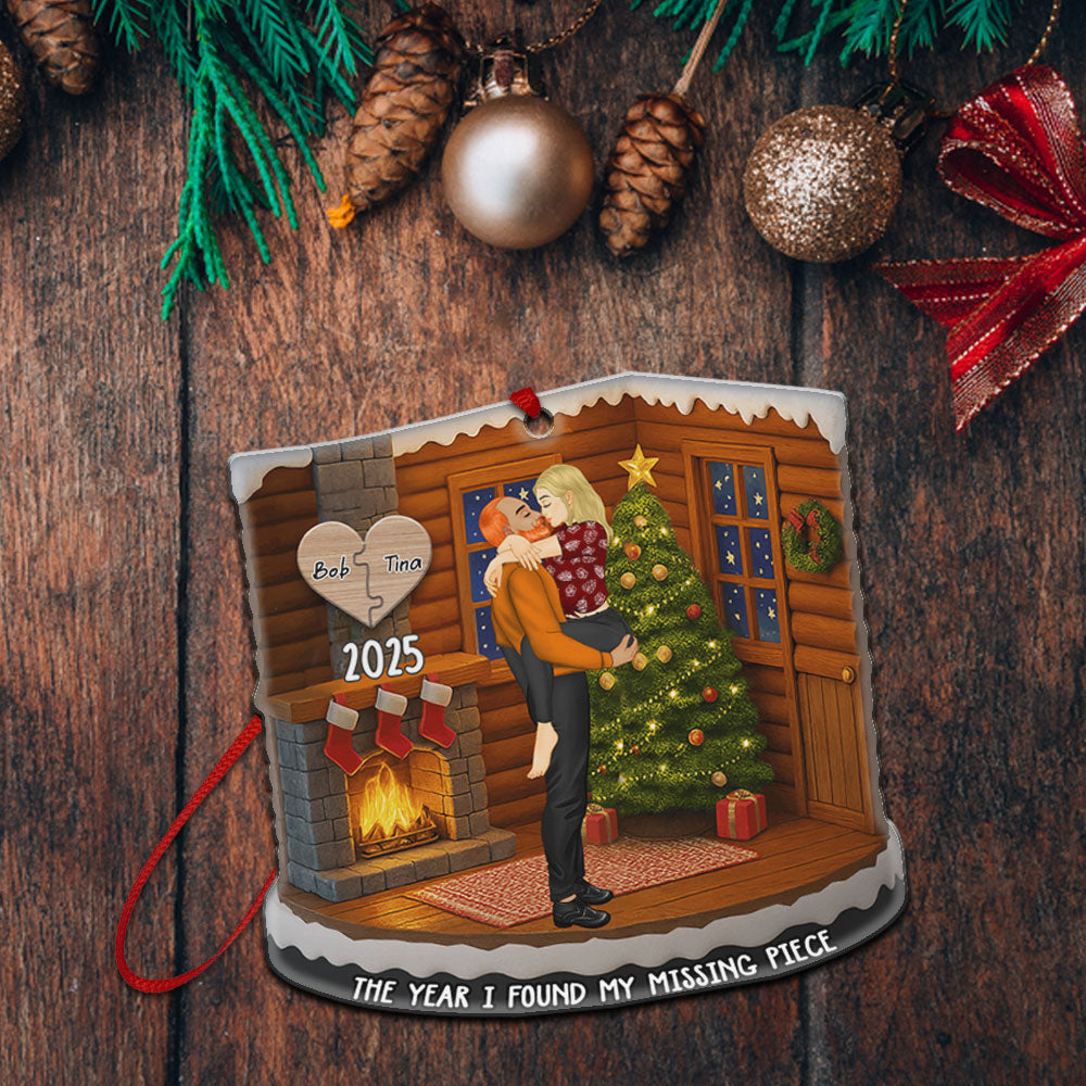 High-definition UV printed acrylic ornament featuring a couple hugging in a festive room with a fireplace and Christmas tree