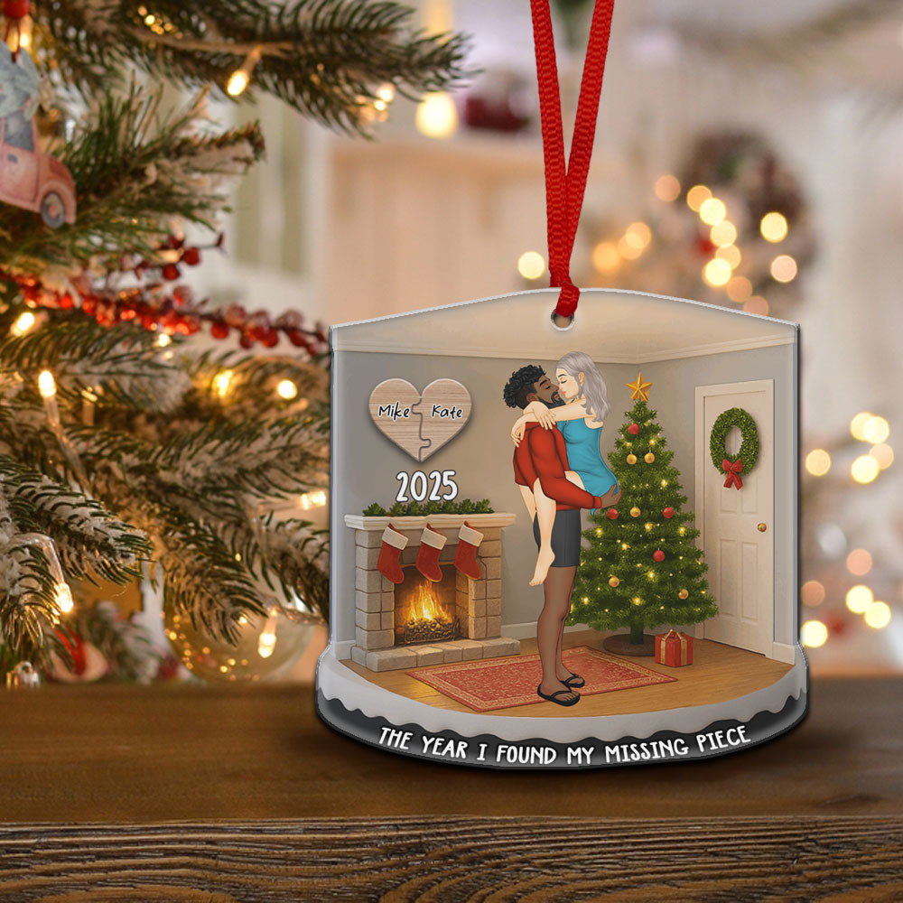 High-definition UV printed acrylic ornament featuring a couple hugging in a festive room with a fireplace and Christmas tree