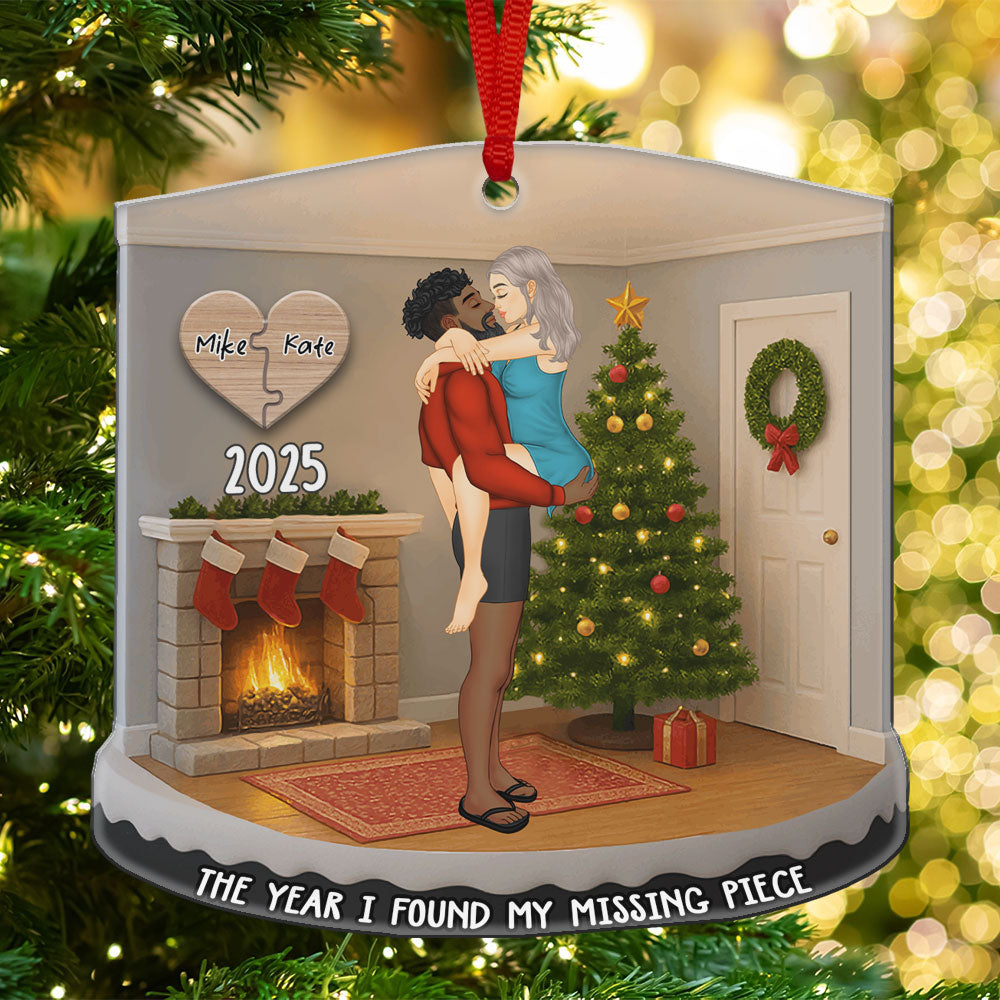 Personalized acrylic Christmas ornament showing a cozy holiday scene