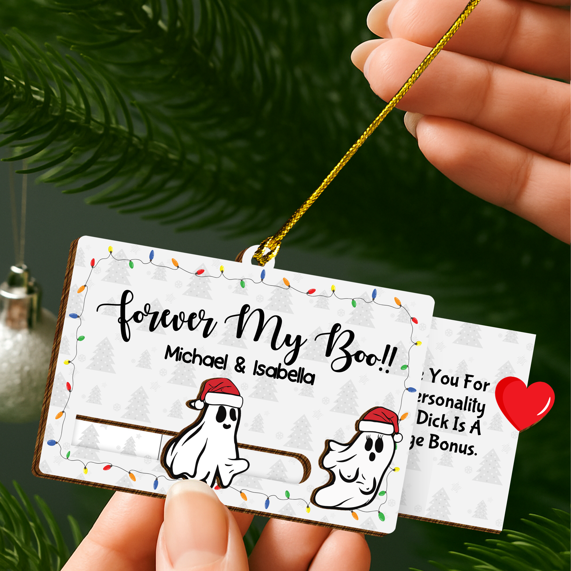 Interactive wood slider ornament revealing a funny romantic message for couples Christmas gift