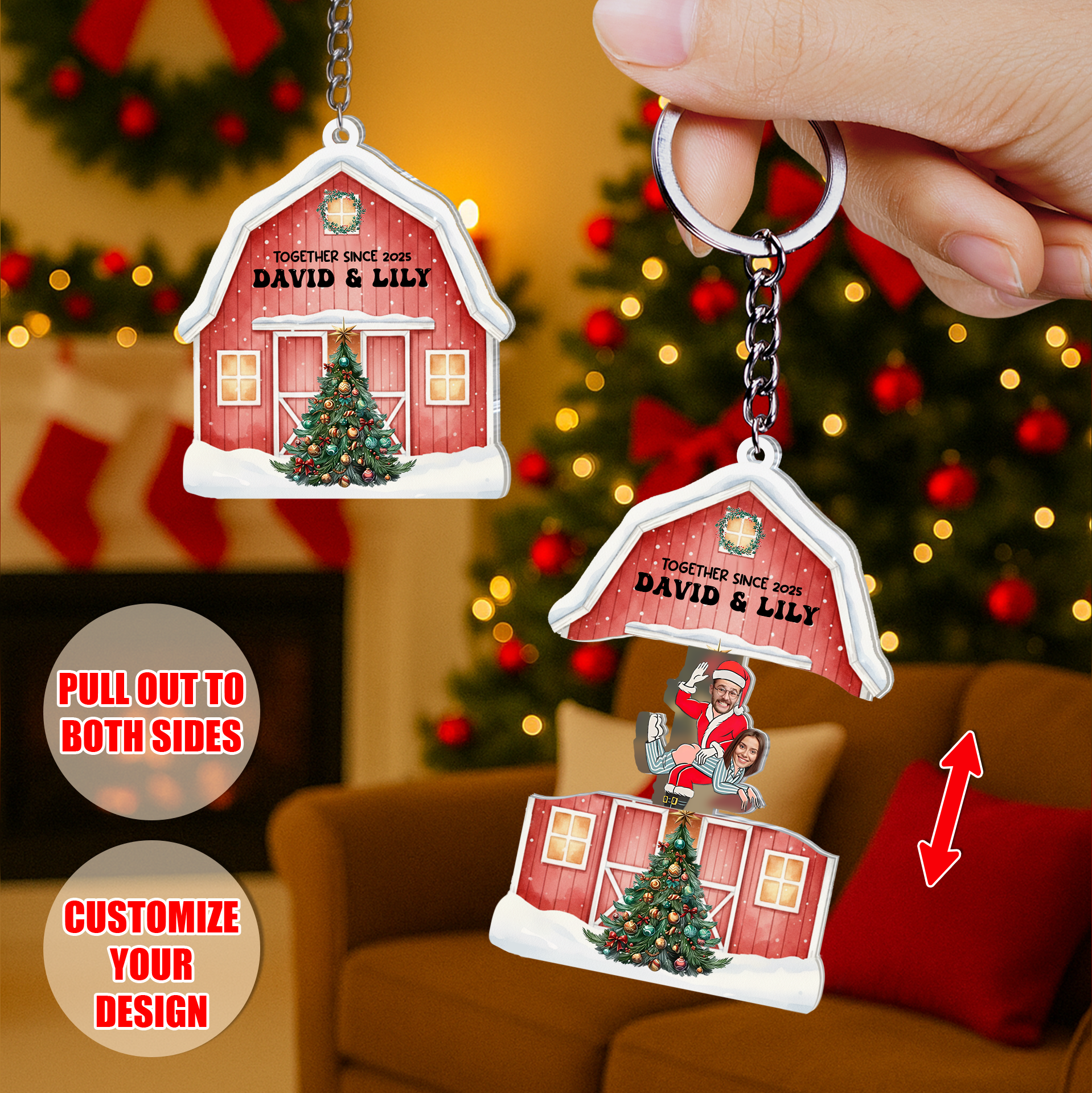 Sliding reveal keychain pulled open to show a hidden custom photo of a couple in a fun Christmas-themed pose