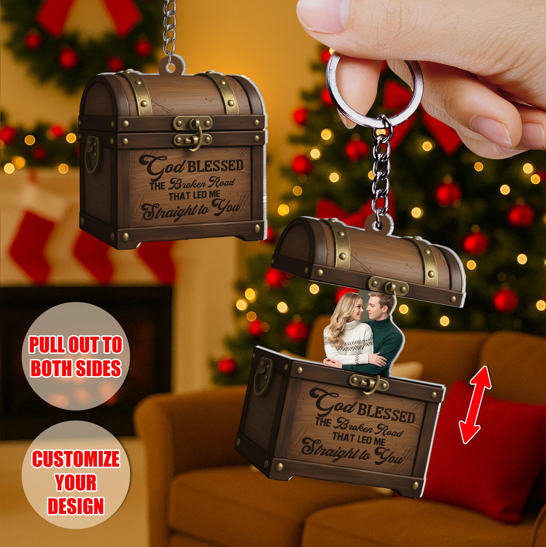 Interactive sliding reveal keychain shaped like a treasure chest pulled open to reveal a custom photo of a couple