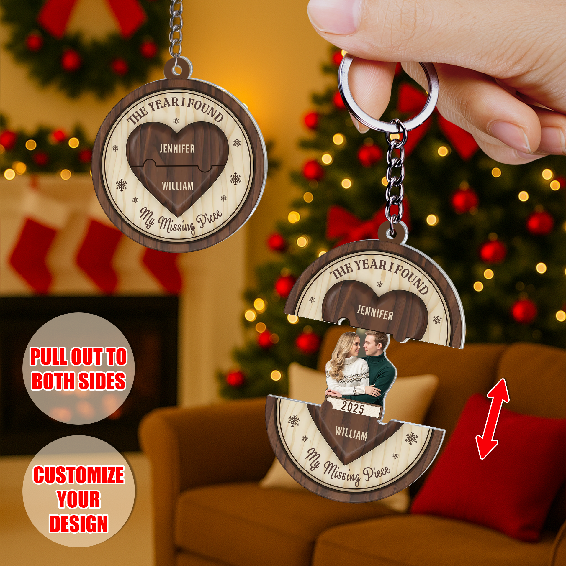 Interactive sliding reveal keychain pulled open to show a hidden custom photo of a happy couple