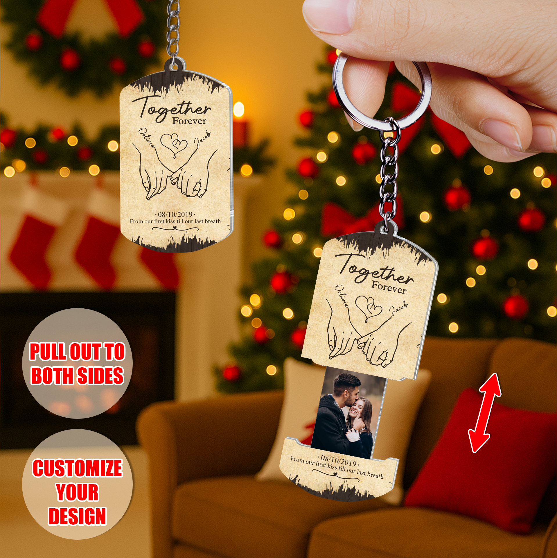 Interactive sliding reveal keychain pulled open to show a hidden custom photo of a romantic couple kissing