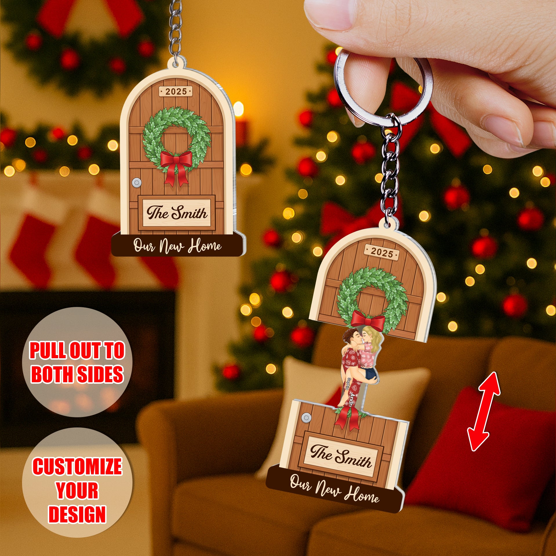 Interactive sliding reveal keychain pulled open to show a hidden romantic couple illustration celebrating their new home
