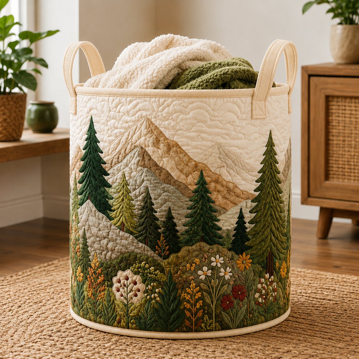 Woodland Forest Quilted Laundry Basket, Rustic Cabin Storage