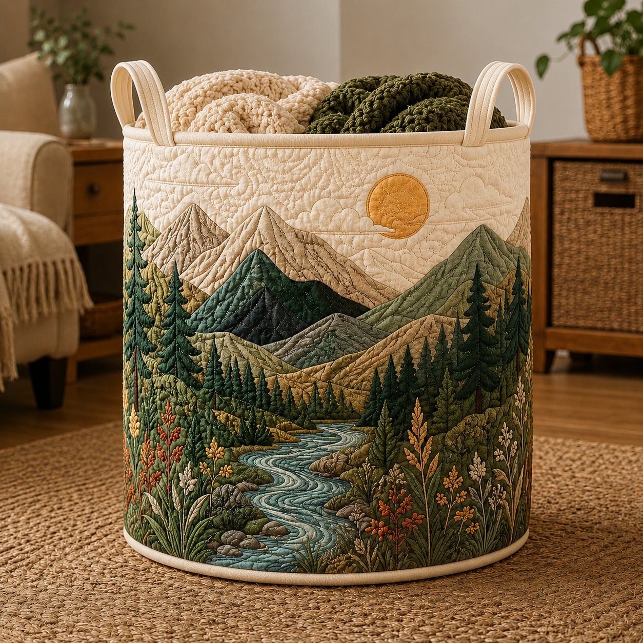 Woodland Forest Quilted Laundry Bag, Rustic Cabin Decor, Nature Home