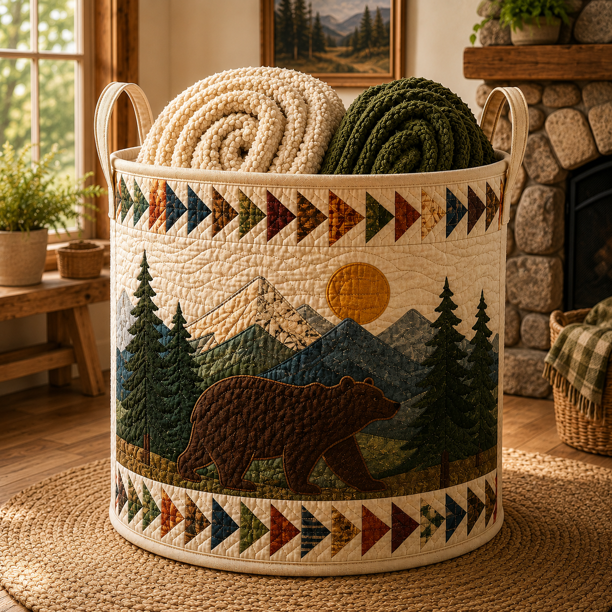 Woodland Bear Quilted Laundry Basket, Rustic Cabin Decor, Gift