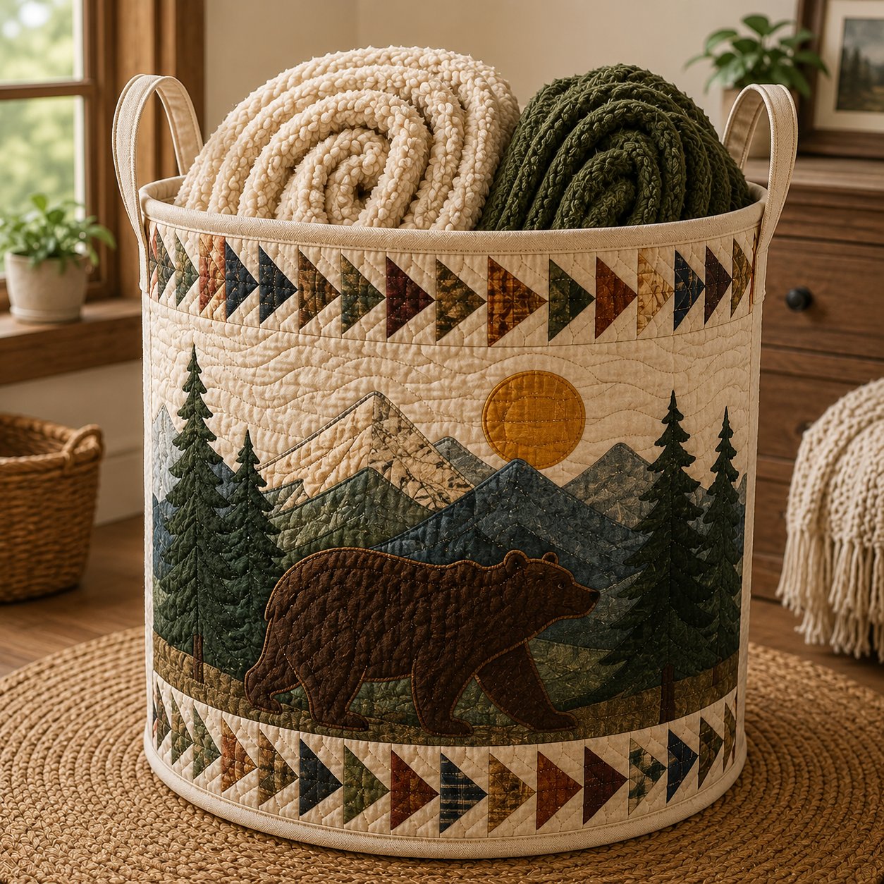Woodland Bear Quilted Laundry Basket, Rustic Cabin Decor, Gift