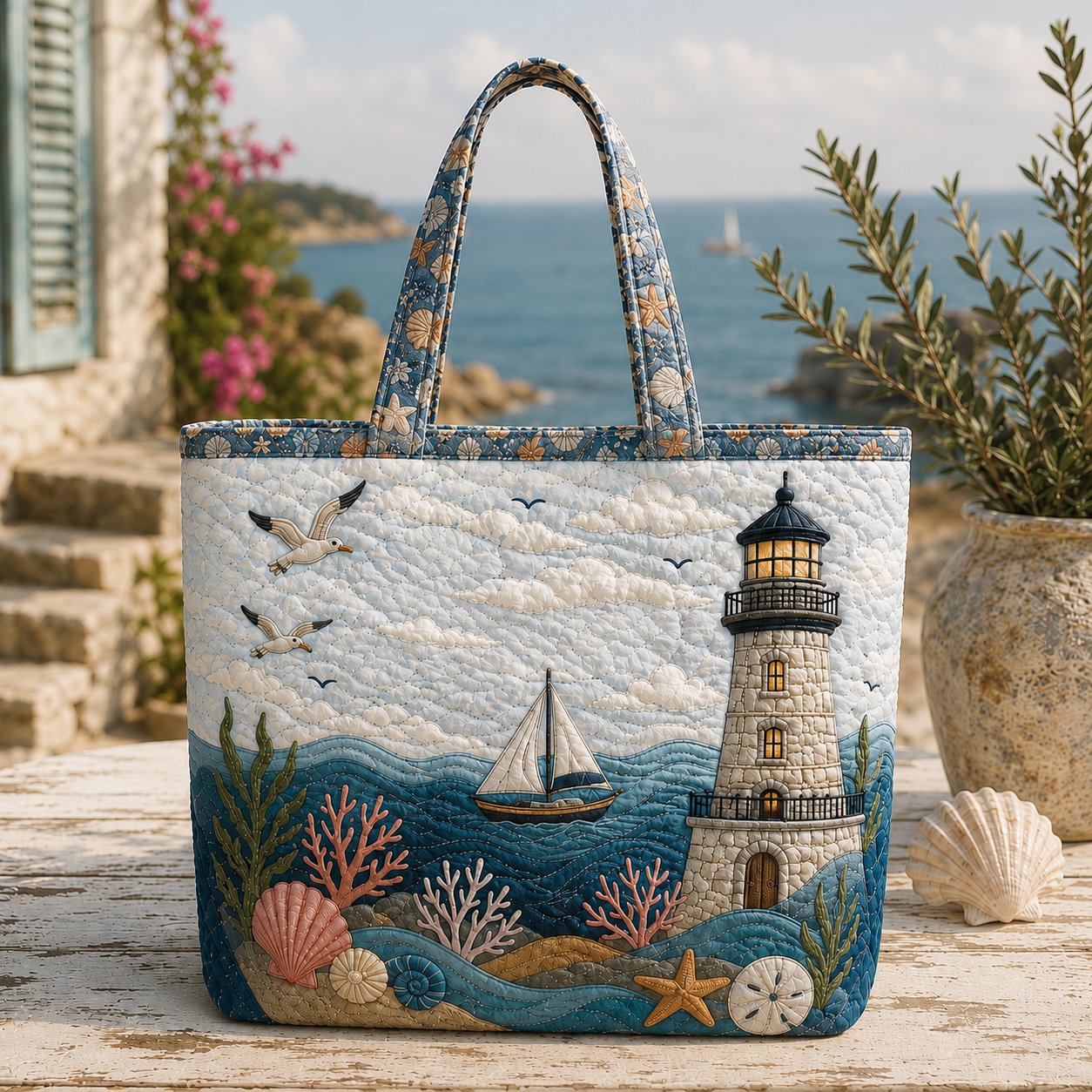 Coastal Quilted Tote Bag, Nautical Beach Shoulder Bag, Summer Gift