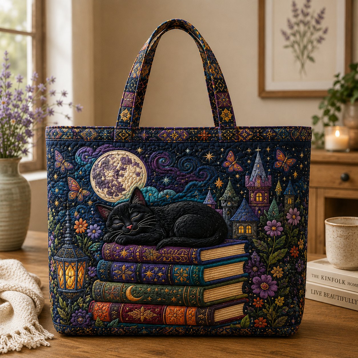 Cat Reading Quilted Tote Bag, Book Lover Gift, Cat Mom Bag, Gift for Her