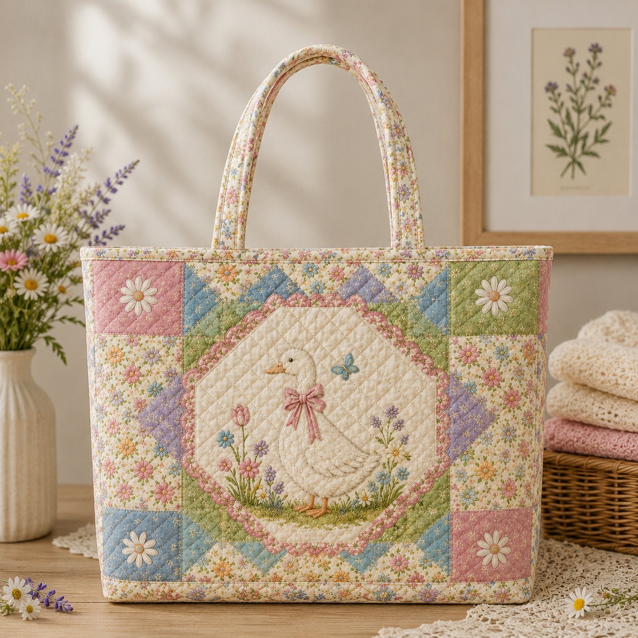 Goose Quilted Tote Bag, Cottagecore Floral, Gift for Women, Farmhouse