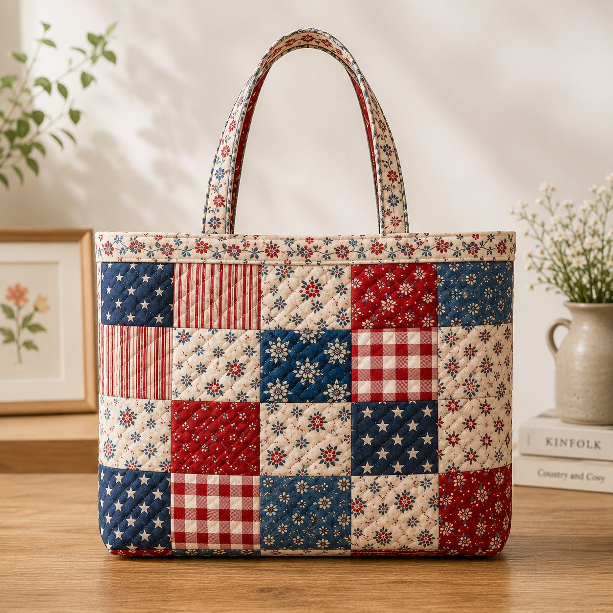 4th of July Quilted Tote Bag, Patriotic American Flag, Gift for Her