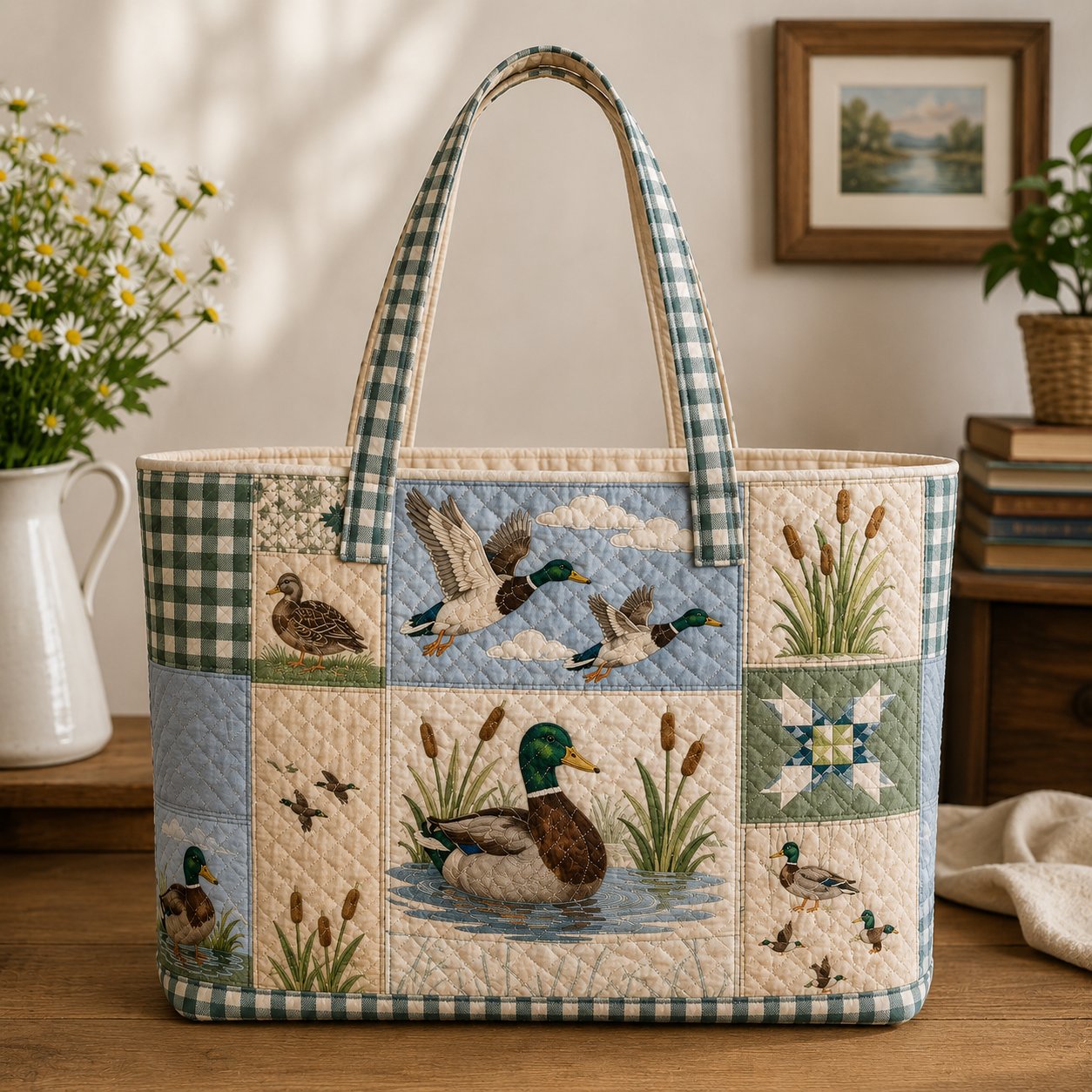 Mallard Duck Quilted Basket, Rustic Wildlife Storage, Cabin Decor