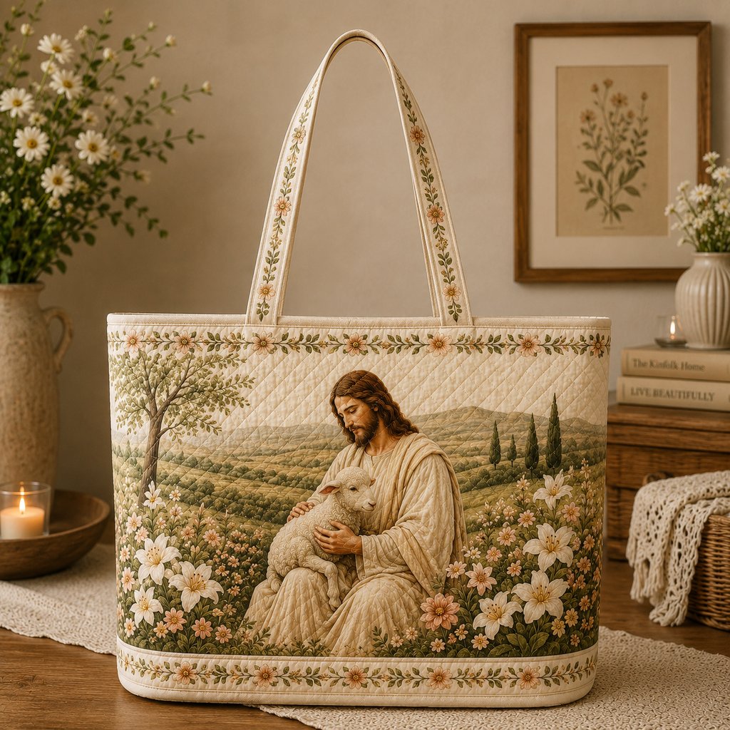 Christian Quilted Tote Bag, Jesus Lamb Purse, Faith Gift for Women