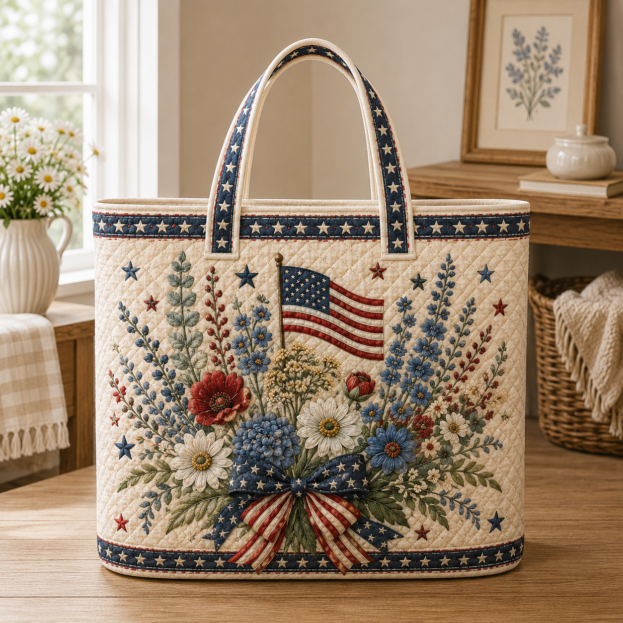 Patriotic Floral Quilted Tote Bag, Americana Purse, 4th of July Gift