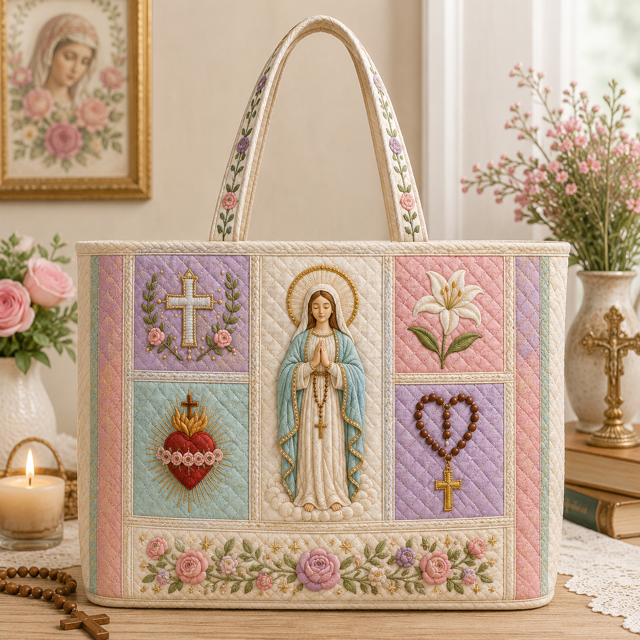 Virgin Mary Quilted Tote, Catholic Gift, Religious Floral Bag