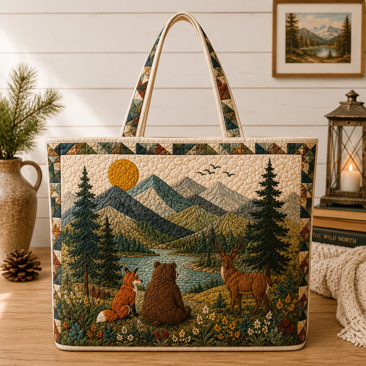 Quilted Woodland Tote Bag, Bear Fox Deer, Nature Lover Gift, Rustic