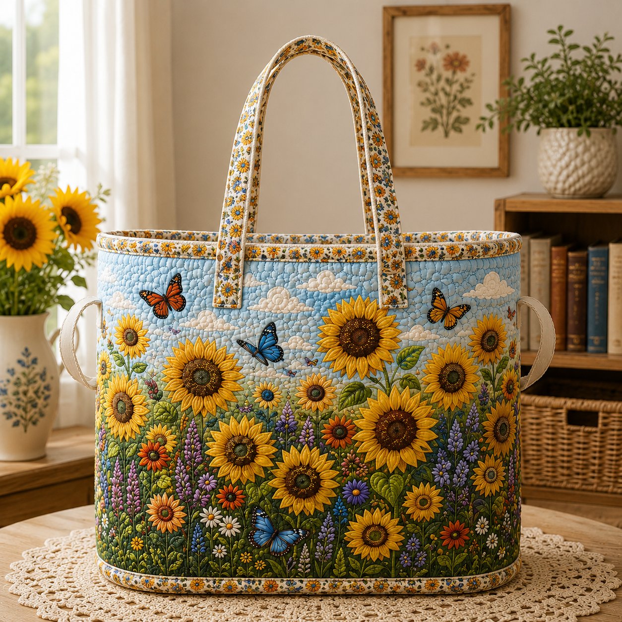 Sunflower Quilted Tote Bag, Butterfly Floral, Gift for Her, Cottagecore
