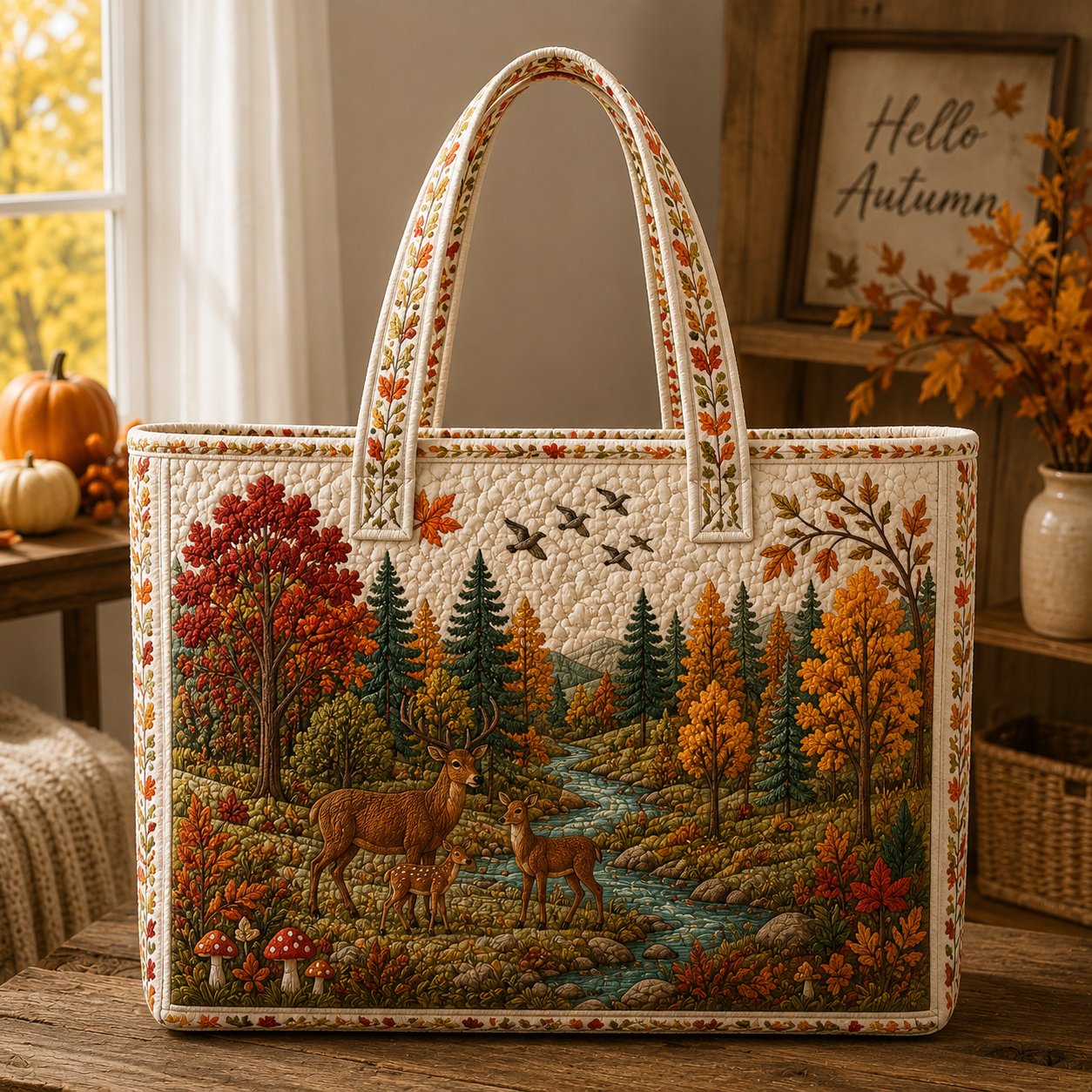 Deer Quilted Tote Bag, Woodland Patchwork, Rustic Fall Gift for Her