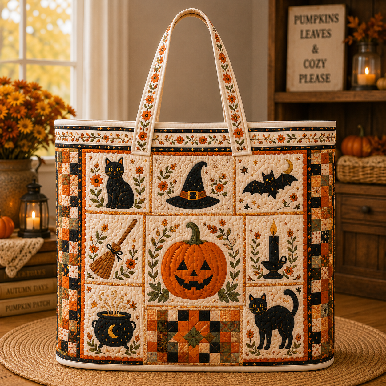 Halloween Quilted Tote Bag, Witch Hat Pumpkin, Fall Gift for Her
