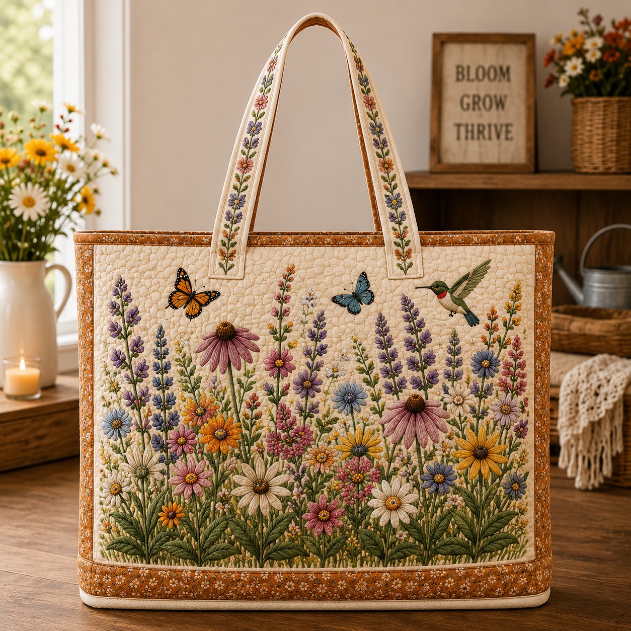 Wildflower Quilted Tote Bag, Butterfly Floral, Nature Gift, Cottagecore