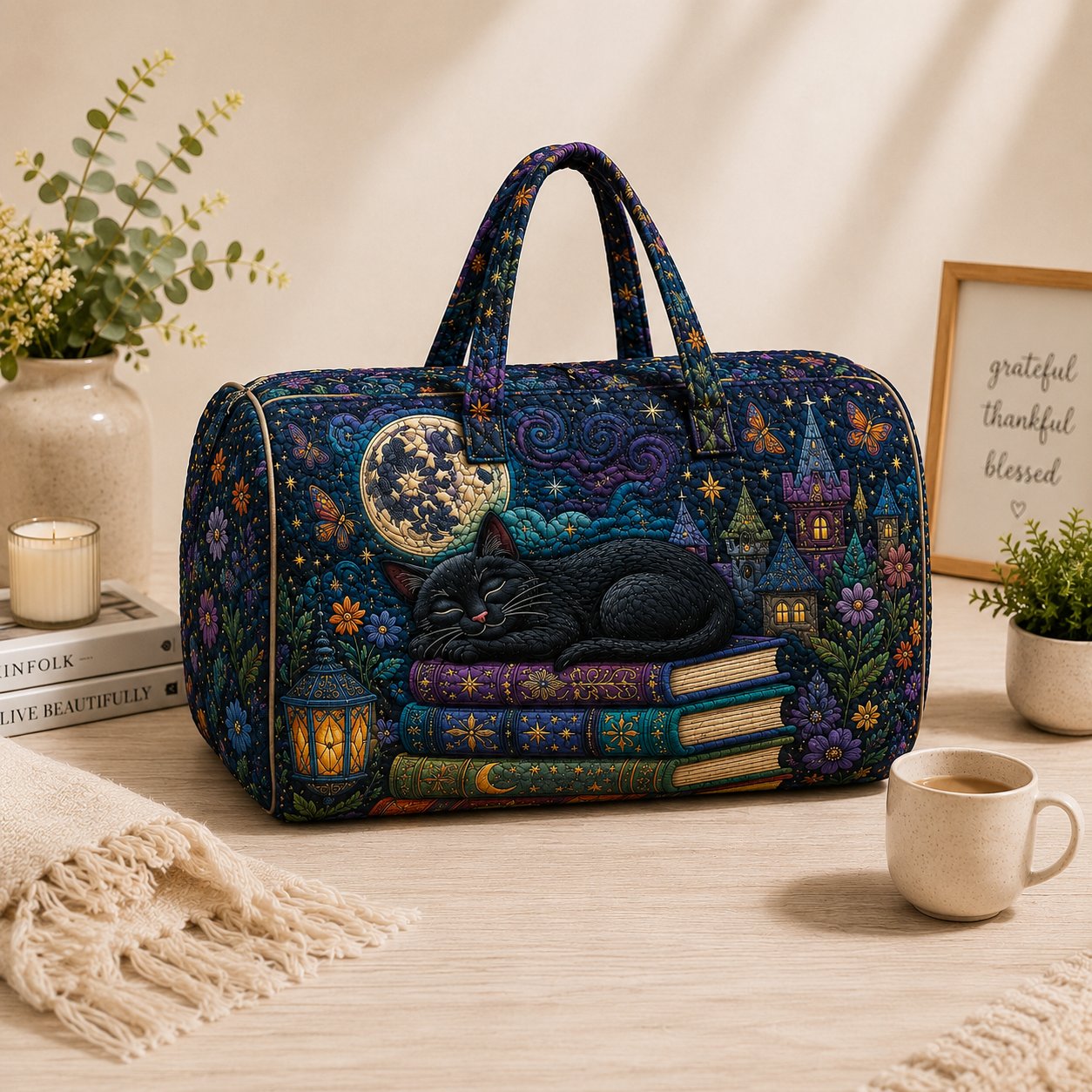Black Cat Quilted Weekend Bag, Gothic Book Lover Travel Bag, Gift for Her