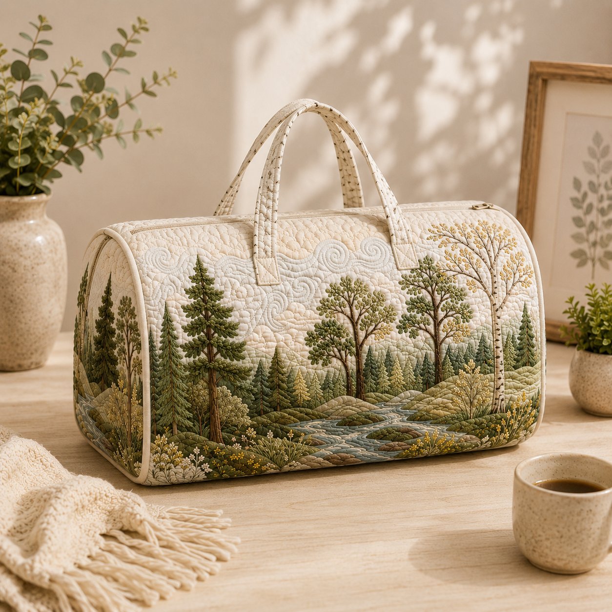 Forest Landscape Quilted Weekend Bag, Hiking Gift for Her, Nature Travel