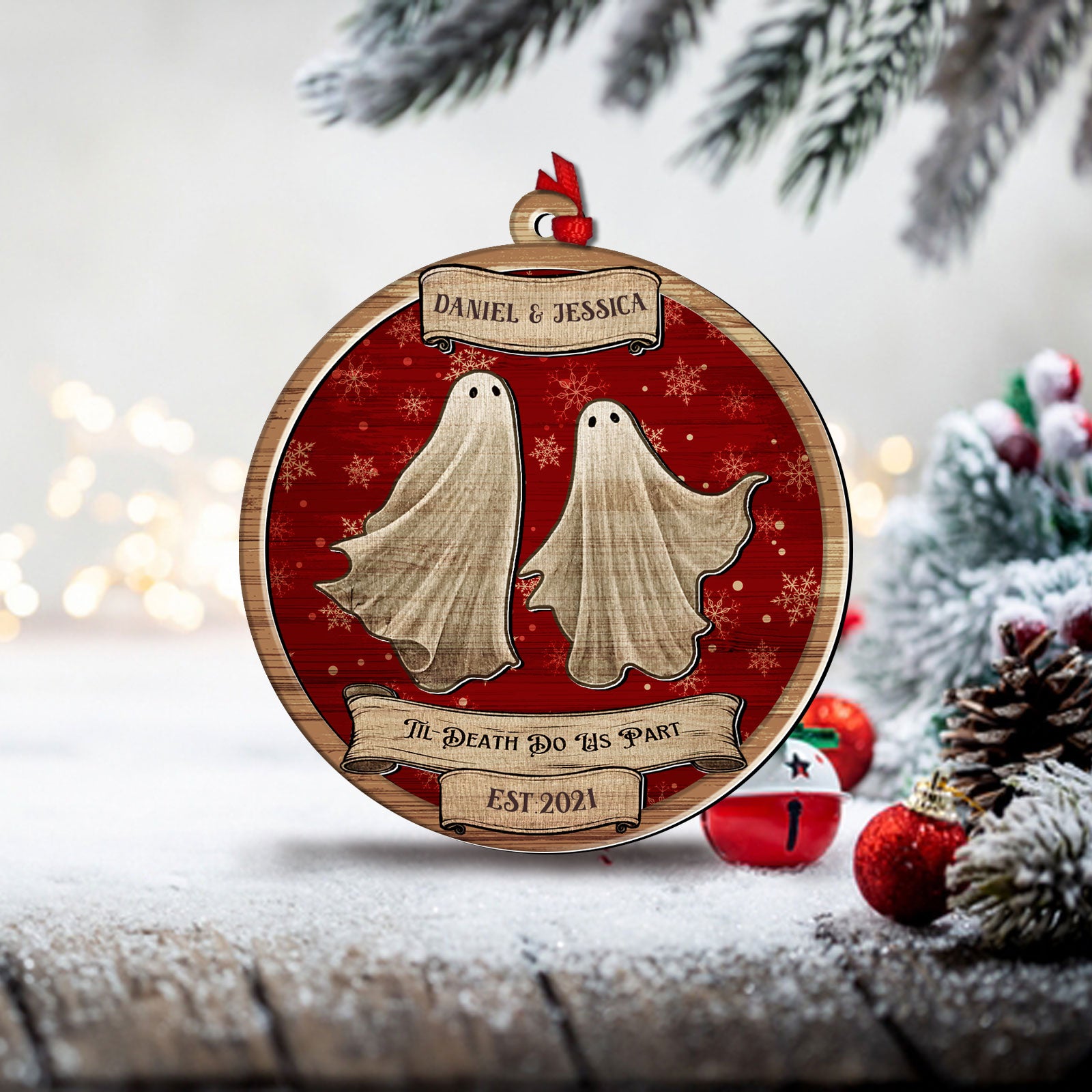 Personalized 2-layered wooden ghost ornament with names Daniel and Jessica and Til Death Do Us Part message