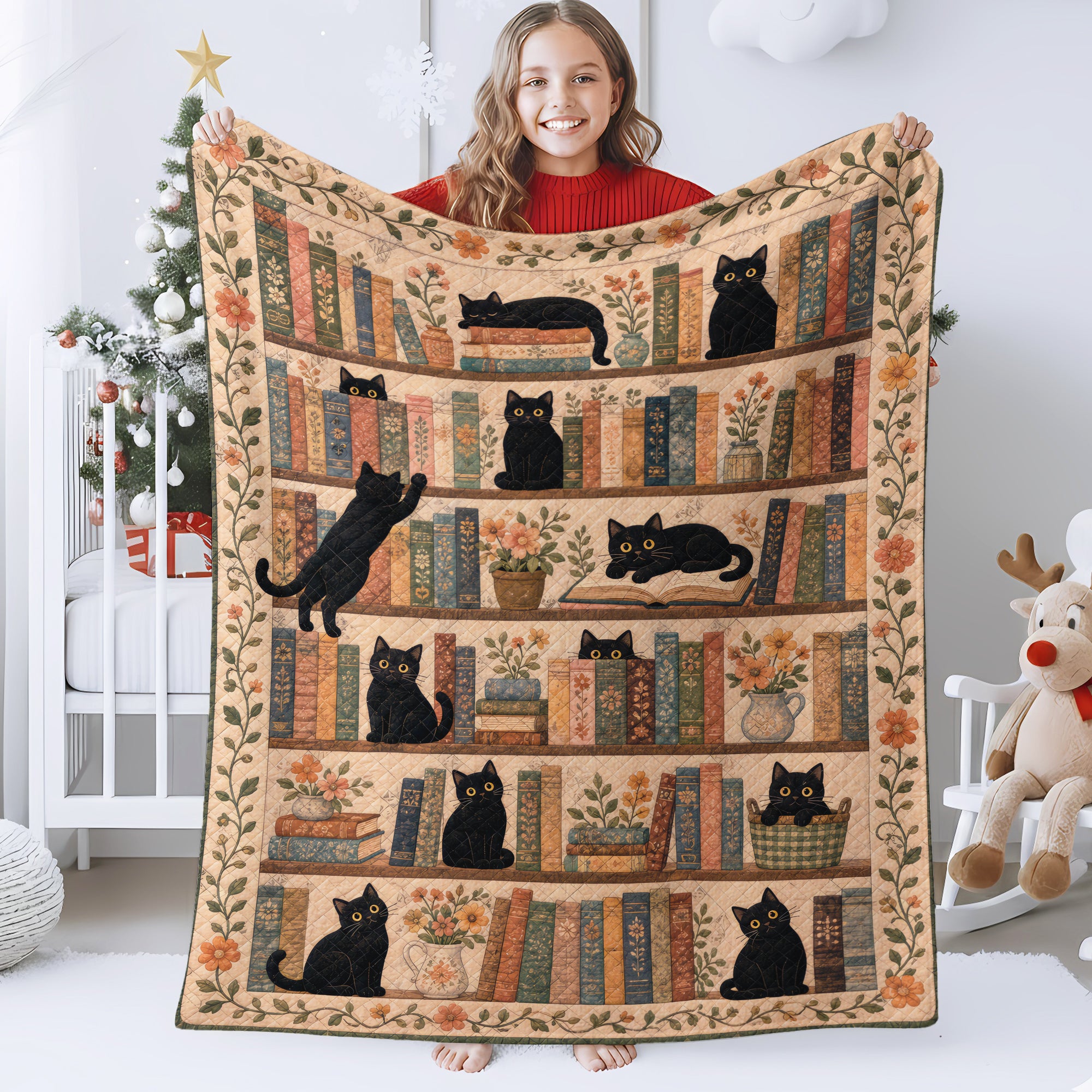 Black Cat Bookshelf Patchwork Quilt, Cottagecore Book Lover Gift