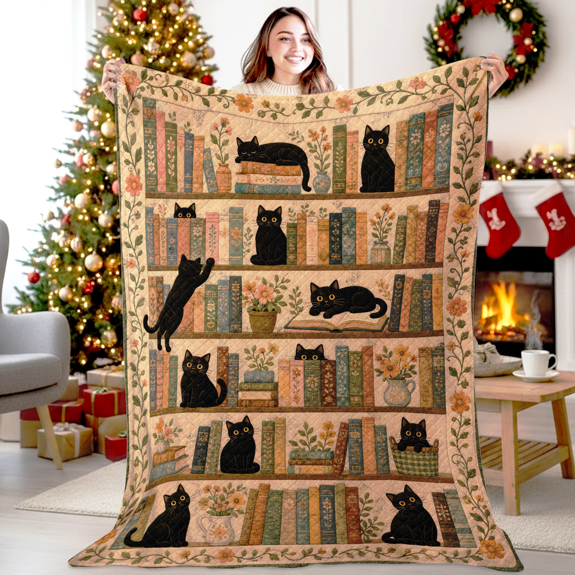 Black Cat Bookshelf Patchwork Quilt, Cottagecore Book Lover Gift