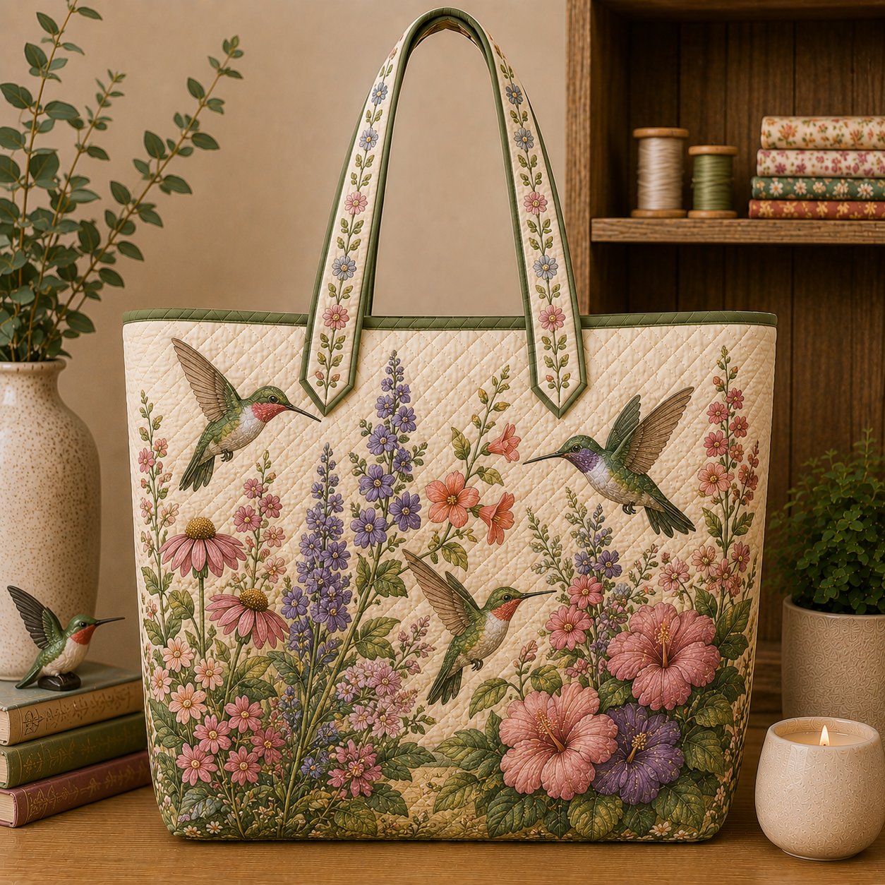 Floral Hummingbird Quilted Tote Bag, Nature Lover Gift, Cottagecore