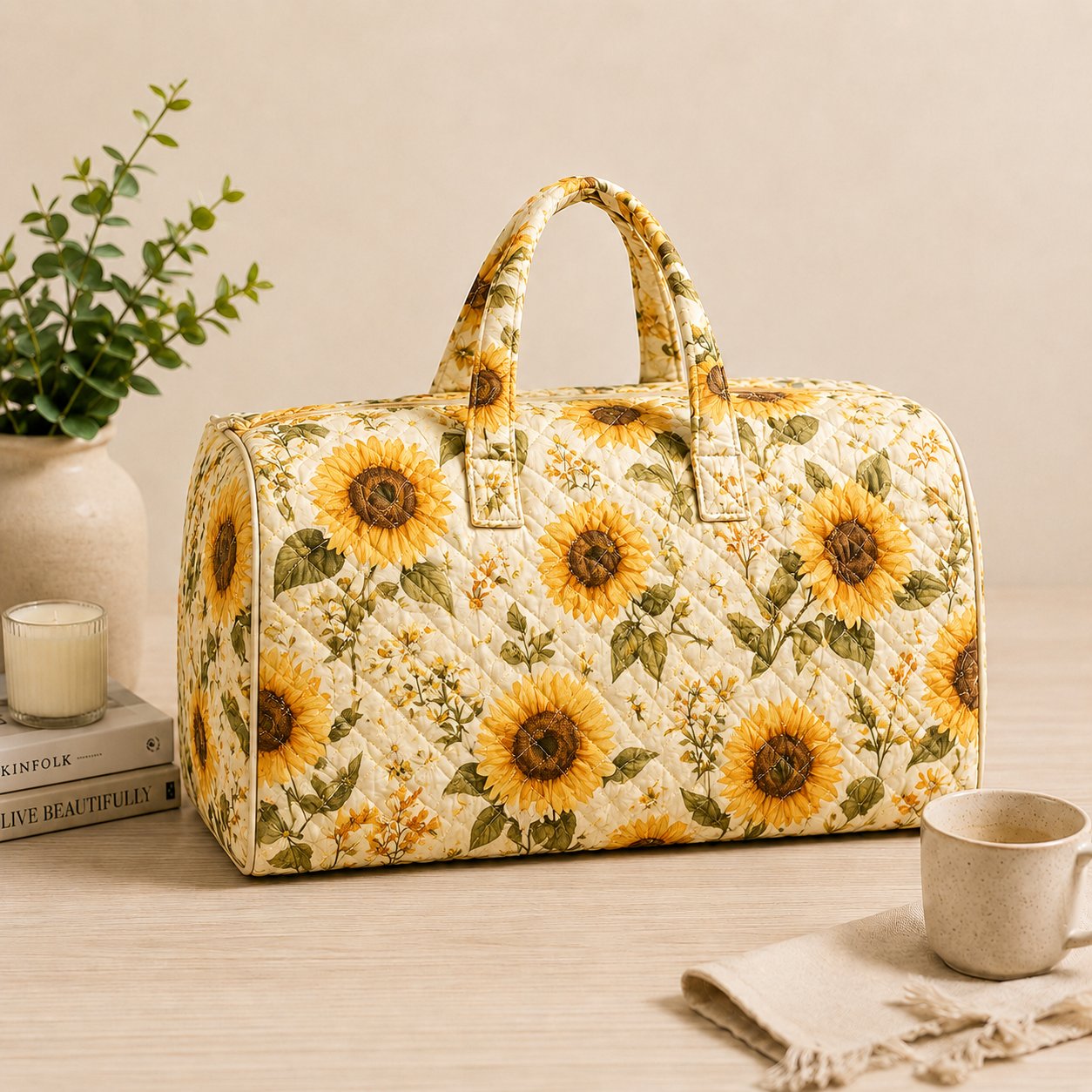 Sunflower Quilted Weekend Bag, Cottagecore Floral Tote, Gift for Her
