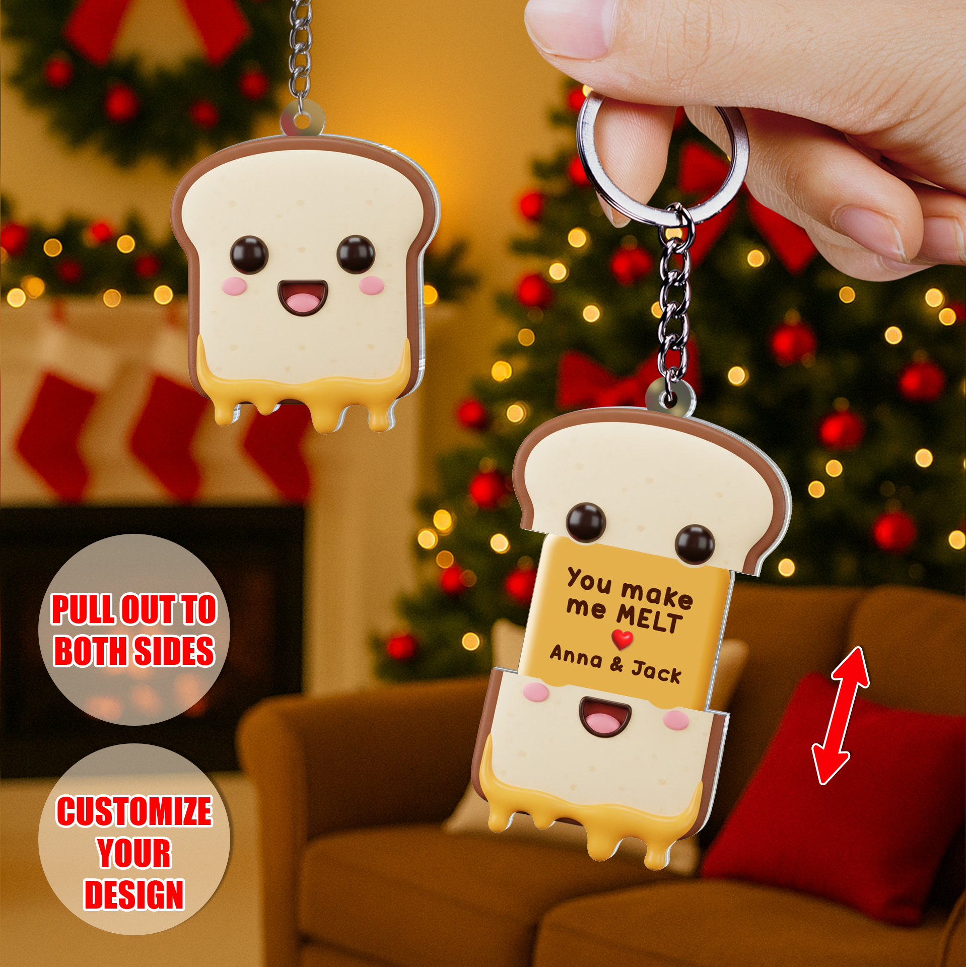 Cute smiling toast acrylic keychain with custom personalized design hanging