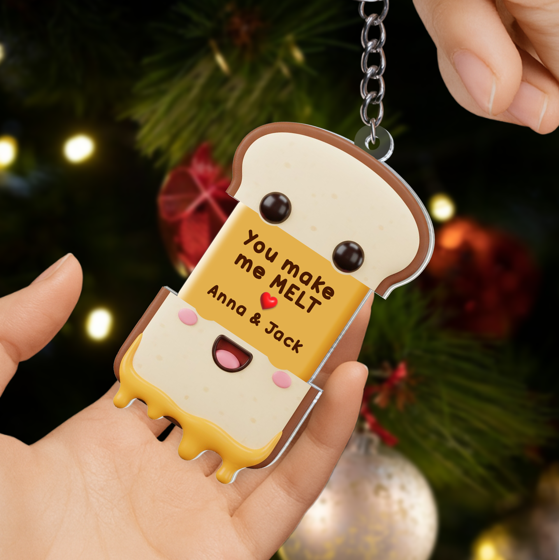 High-quality UV printed acrylic keychain featuring a melting butter toast character and vivid colors