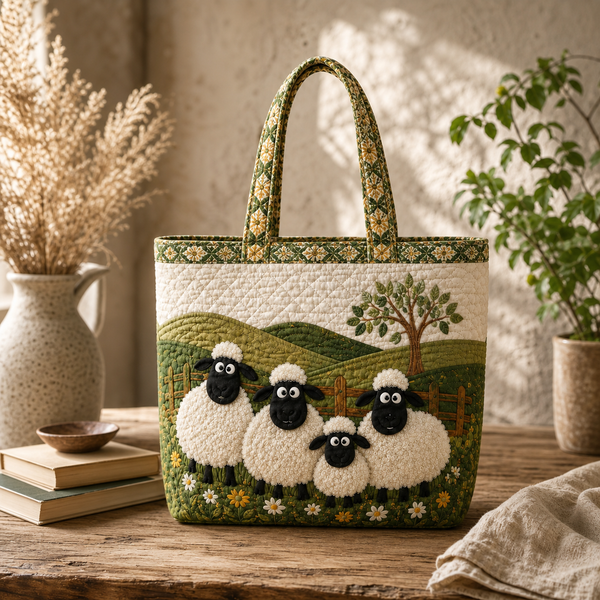 Sheep Heaven Quilted Tote, Cottagecore Farm Gift Bag, Cute Shoulder Bag