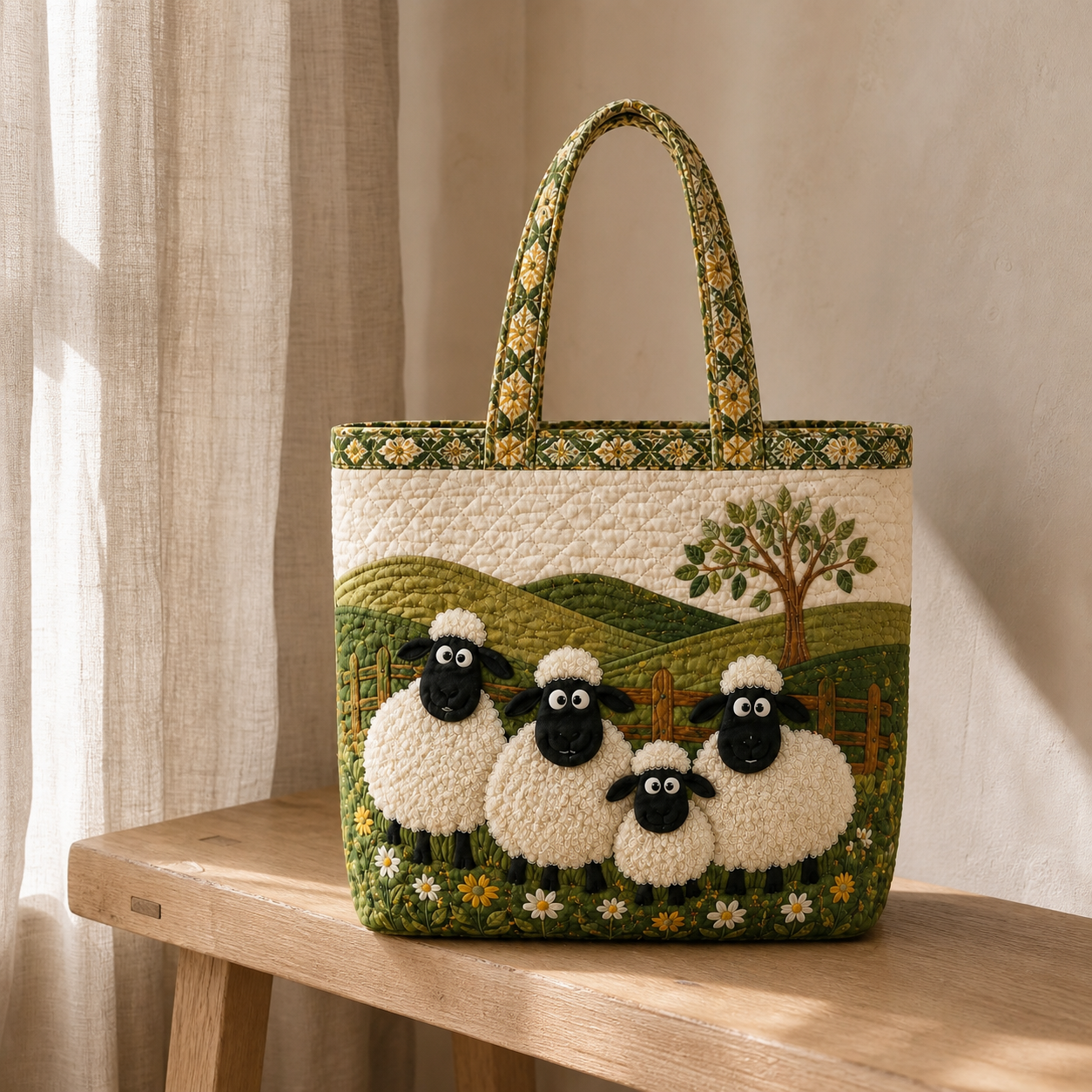 Sheep Heaven Quilted Tote, Cottagecore Farm Gift Bag, Cute Shoulder Bag