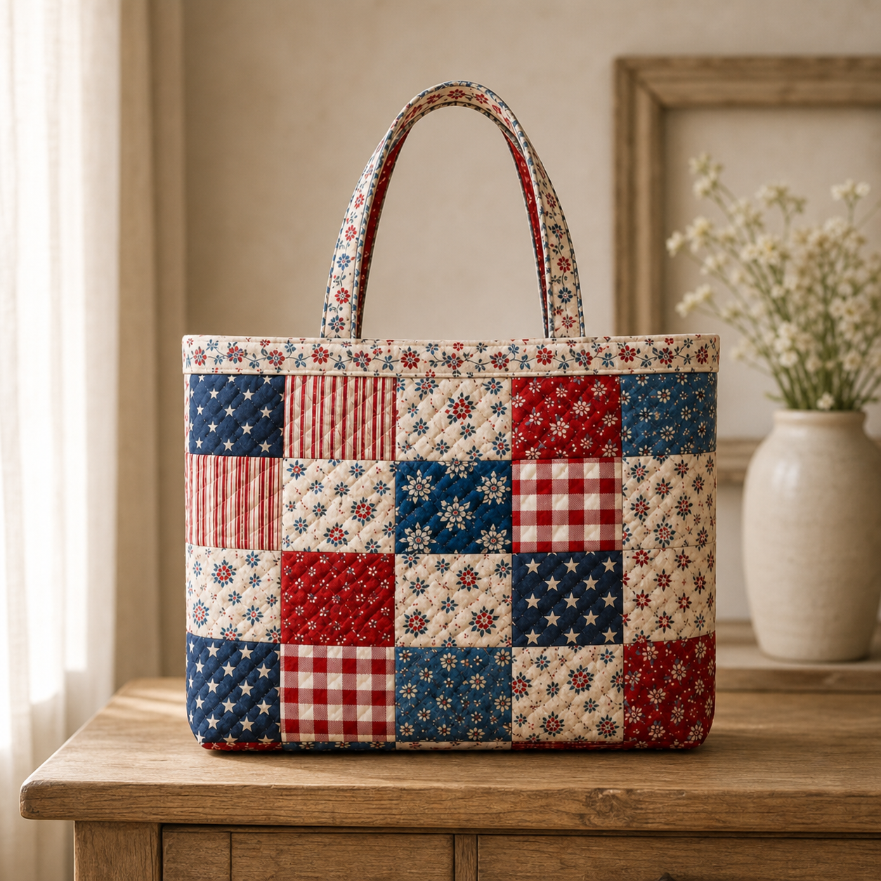4th Of July Quilted Tote, Patriotic American Flag Bag, Independence Day Gift