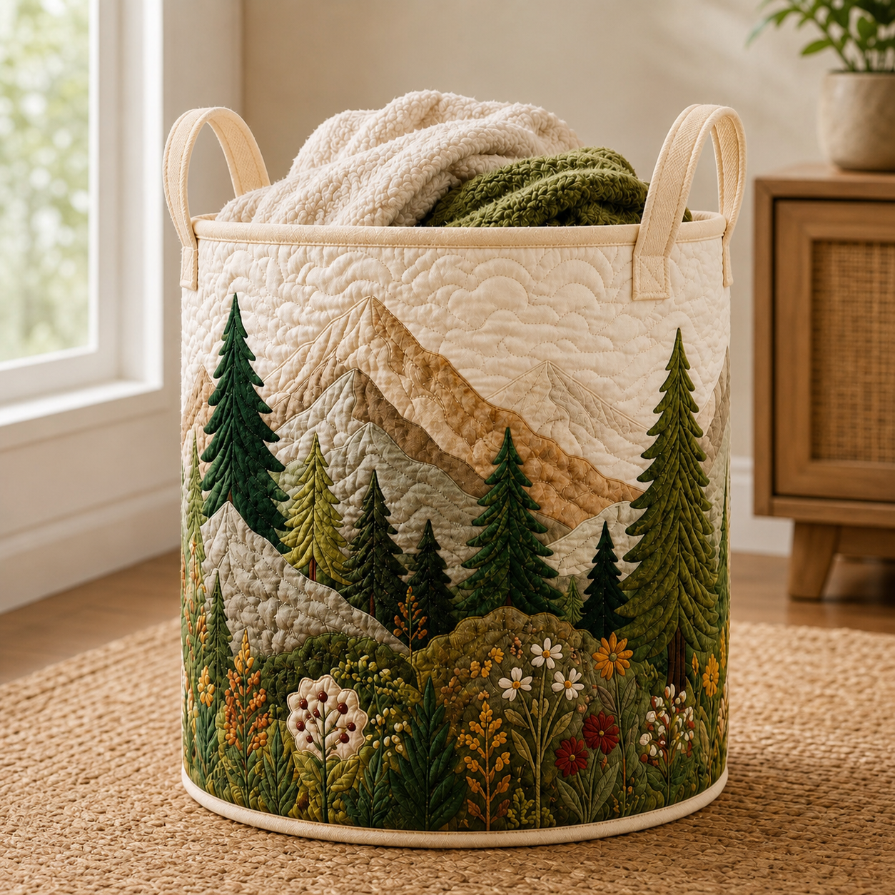 Woodland Forest Quilted Laundry Basket, Rustic Cabin Decor, Gift