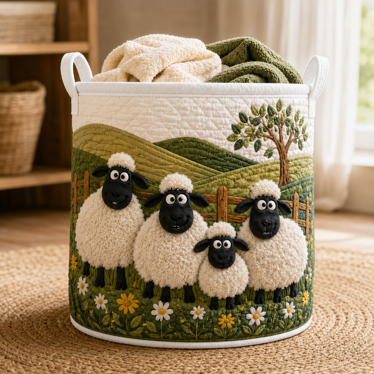 Rustic Sheep Quilted Laundry Basket, Farmhouse Hamper, Country Storage