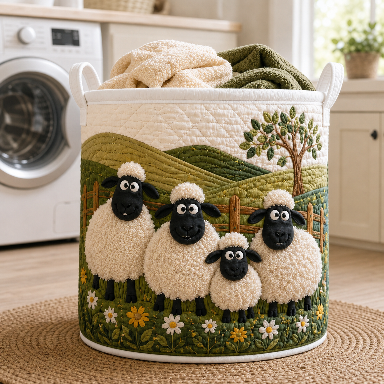 Rustic Sheep Quilted Laundry Basket, Farmhouse Hamper, Country Storage