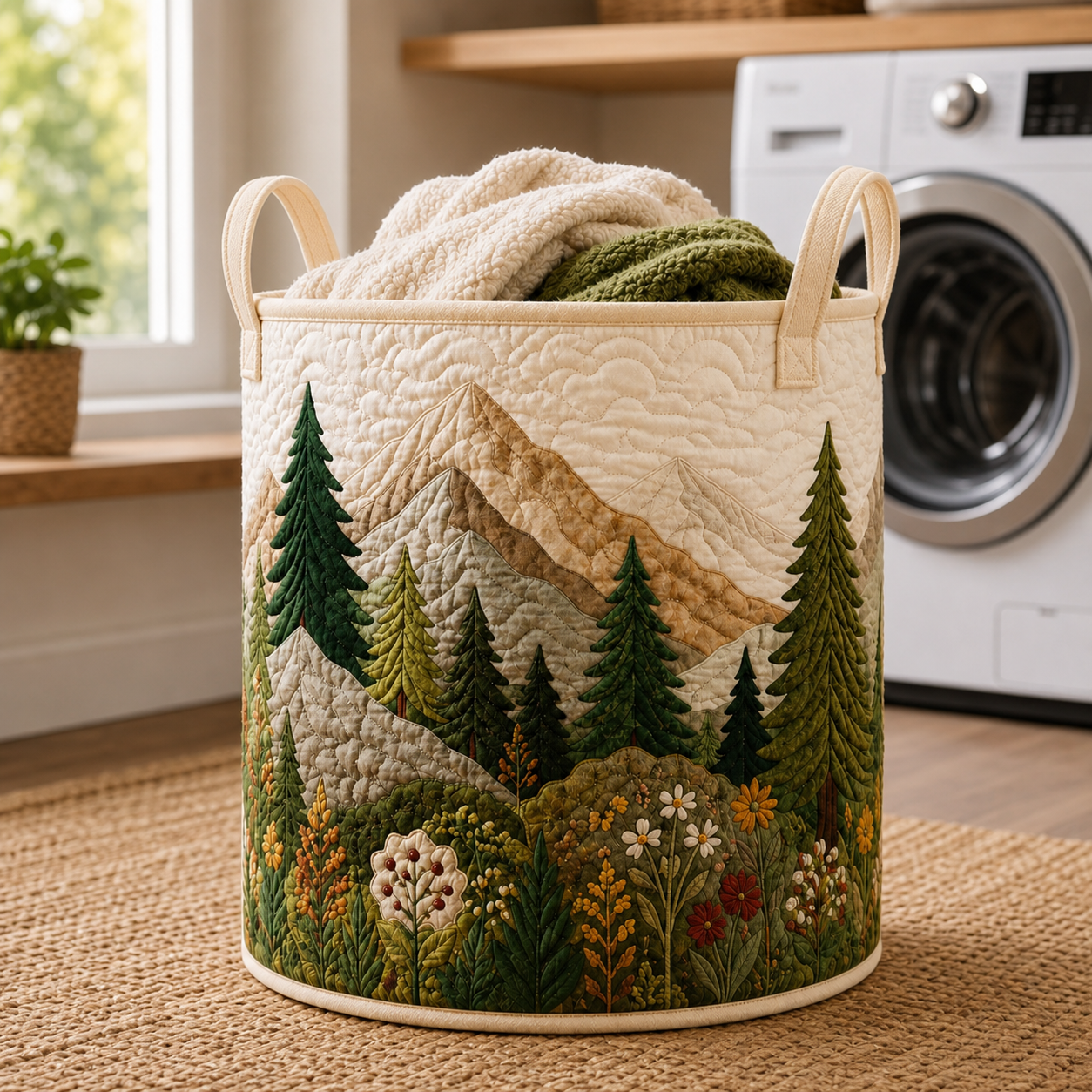 Woodland Forest Quilted Laundry Basket, Rustic Cabin Decor, Gift