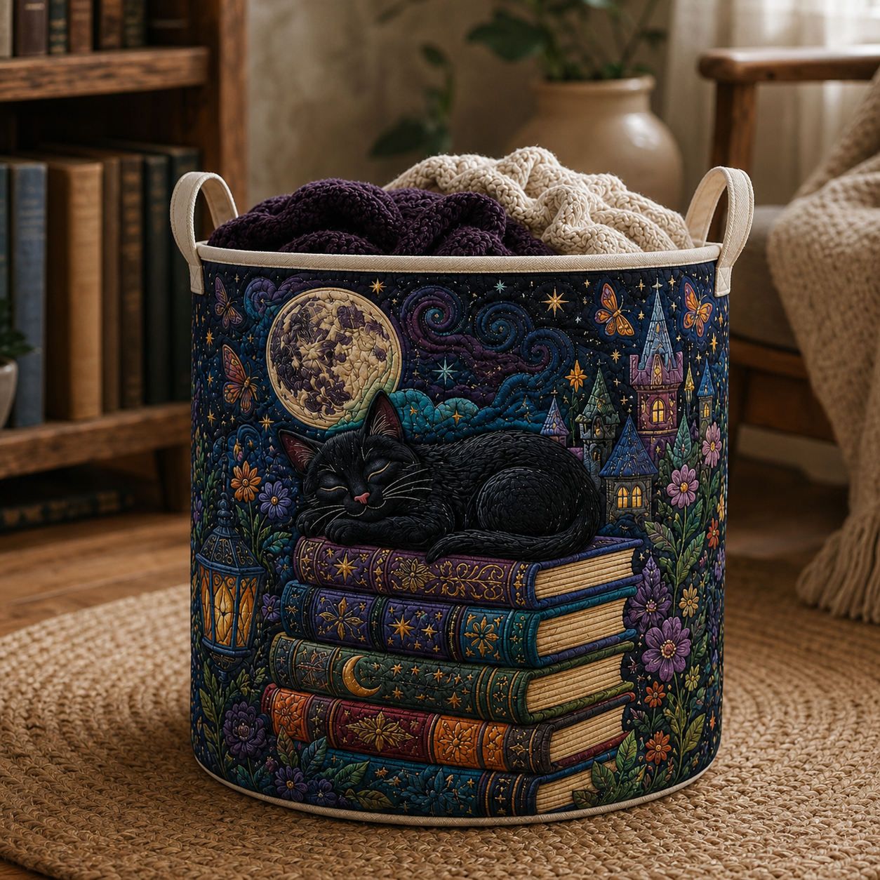 Black Cat Dark Academia Hamper Gothic Decor Quilted Laundry Basket