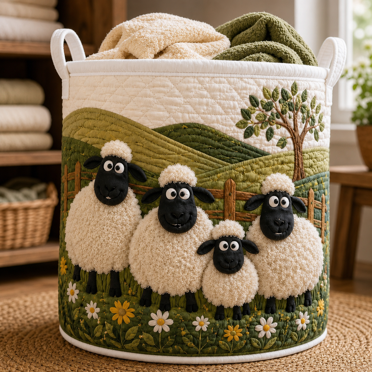 Rustic Sheep Quilted Laundry Basket, Farmhouse Hamper, Country Storage