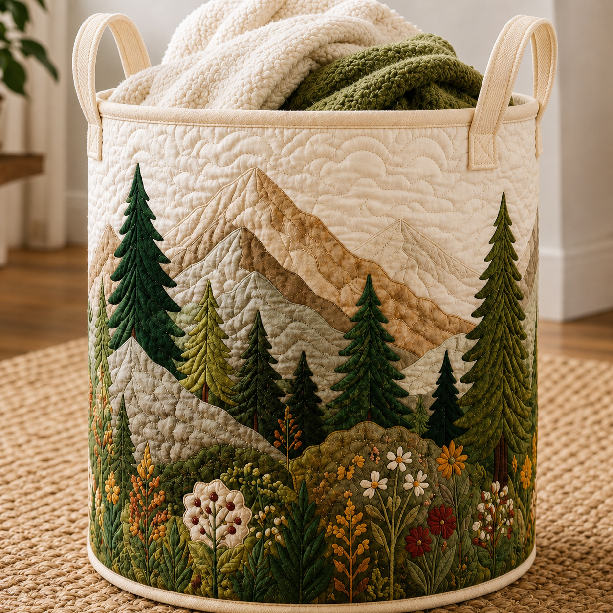 Woodland Forest Quilted Laundry Basket, Rustic Cabin Decor, Gift